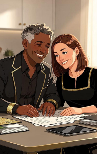 Illustration of a smiling man with curly gray hair and a woman with straight brown hair sitting together at a table reviewing documents, with books and a tablet nearby.