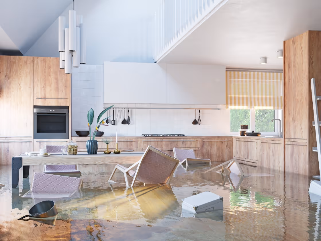 Flooded modern kitchen with chairs and furniture floating in water