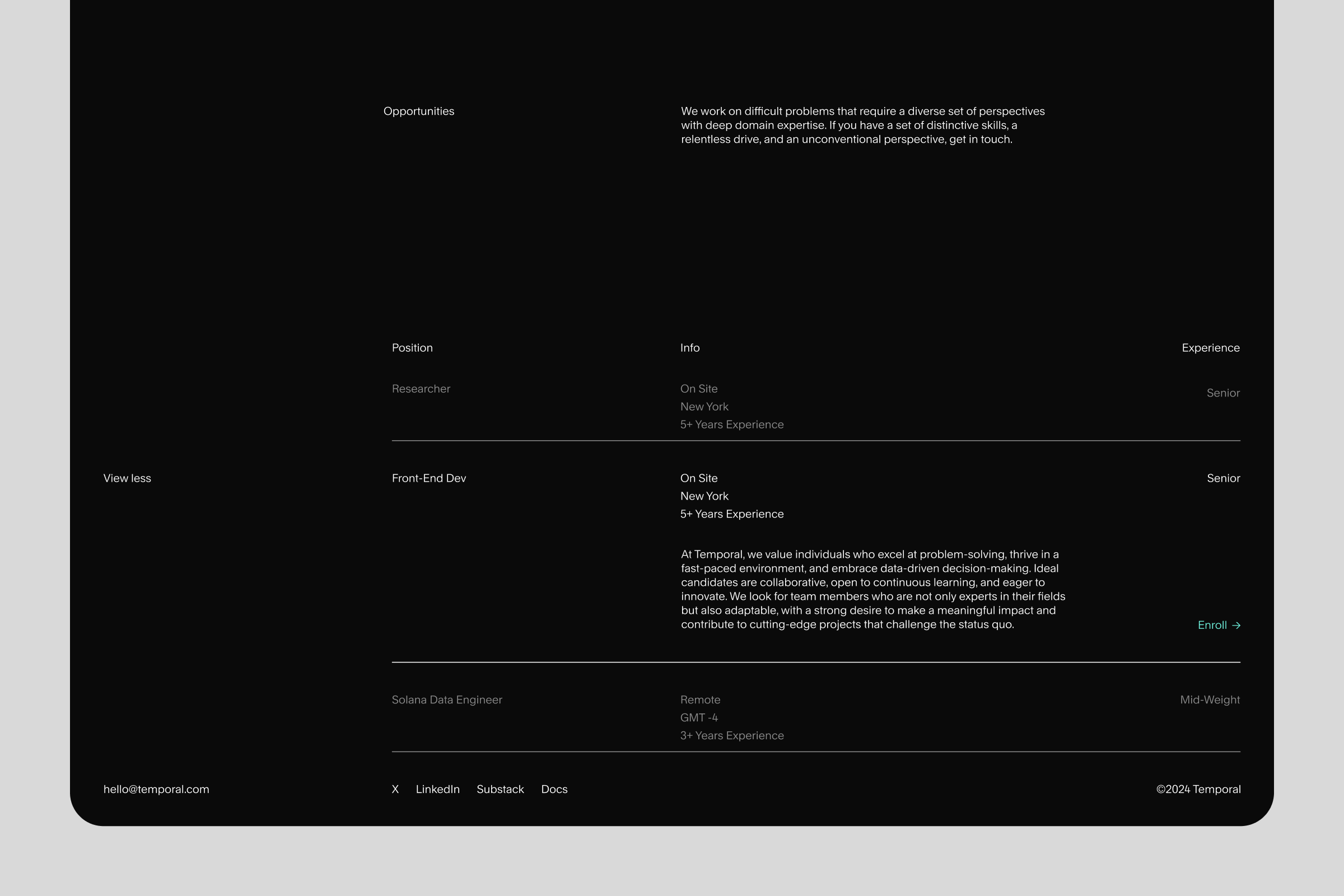 Temporal opportunities section on the website