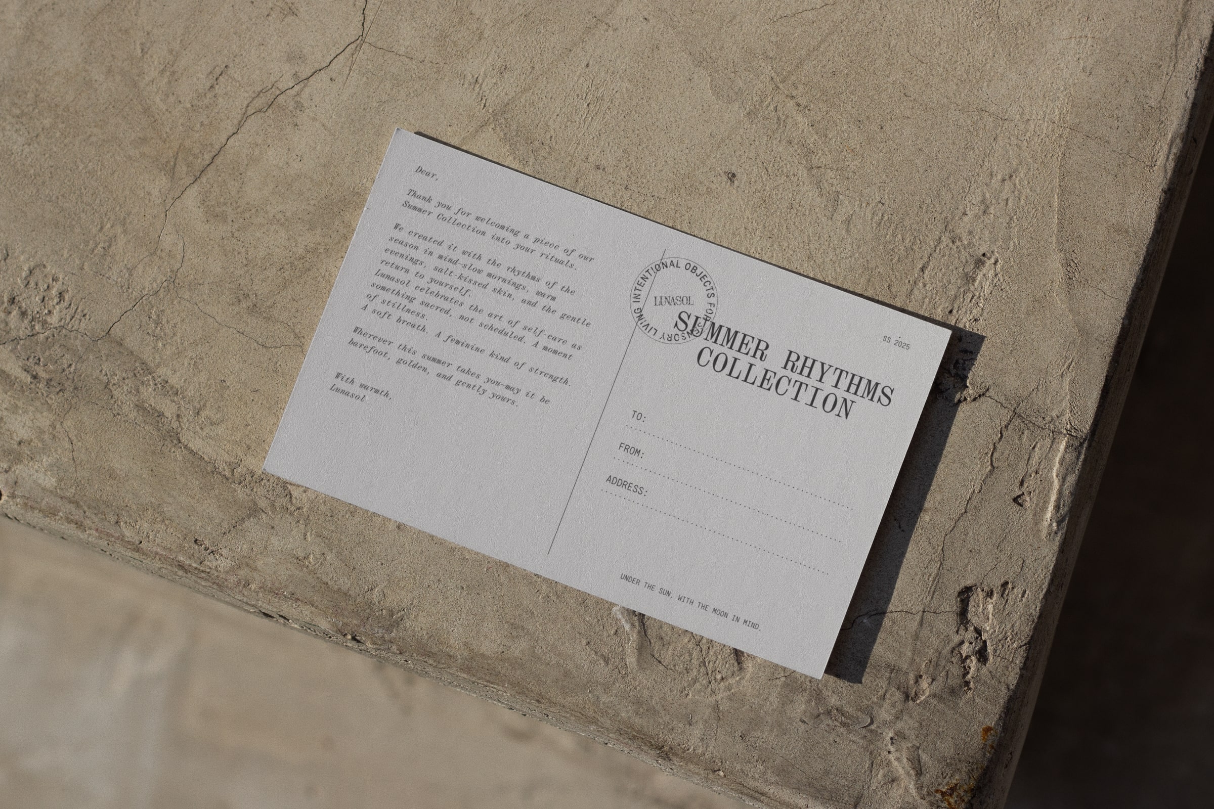 A Lunasol thank you card on top of the concrete block