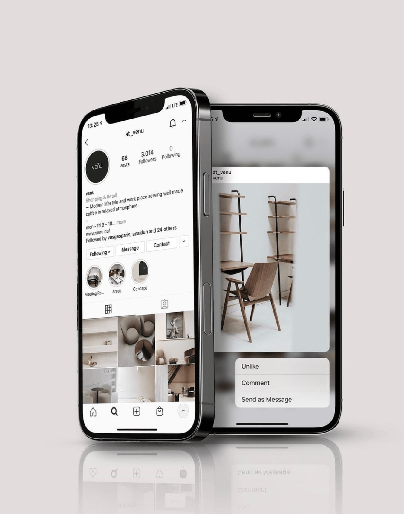An iPhone displaying Venu's Instagram profile