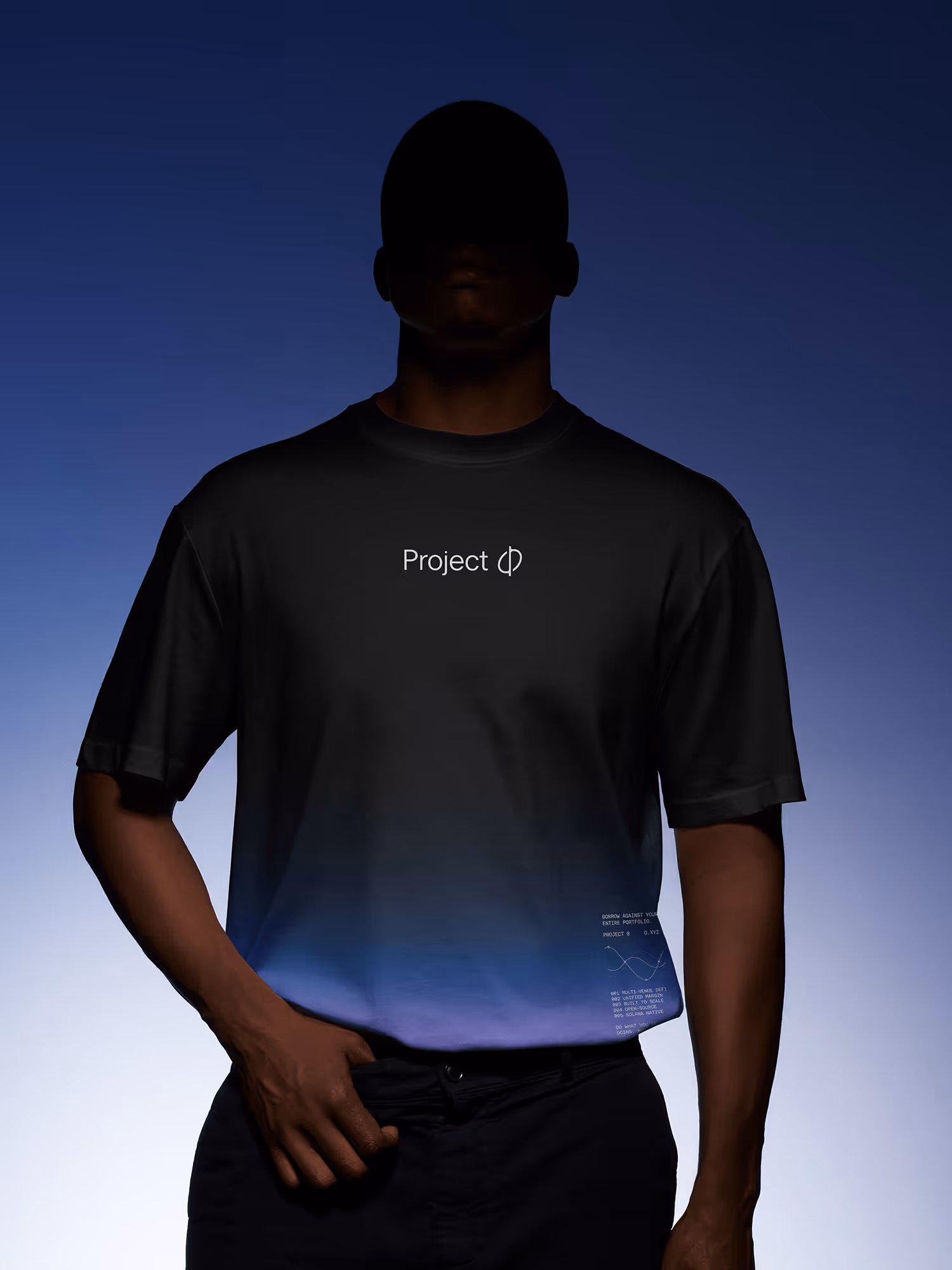 Man wearing a black and blue gradient T-shirt with 'Project Φ' printed on the chest and small text near the bottom right.