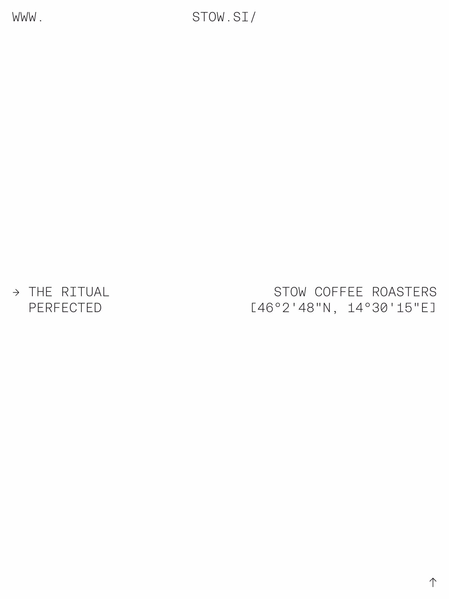 Minimalist typographic layout with text showing 'www.stow.si/', 'The ritual perfected', and 'STOW Coffee Roasters' with geographical coordinates.