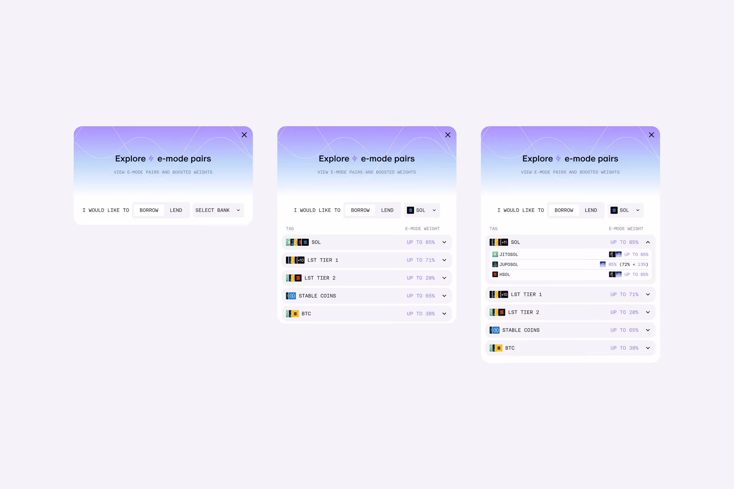 Three UI panels showing options for borrowing e-mode pairs with tags and e-mode weights for SOL and others.