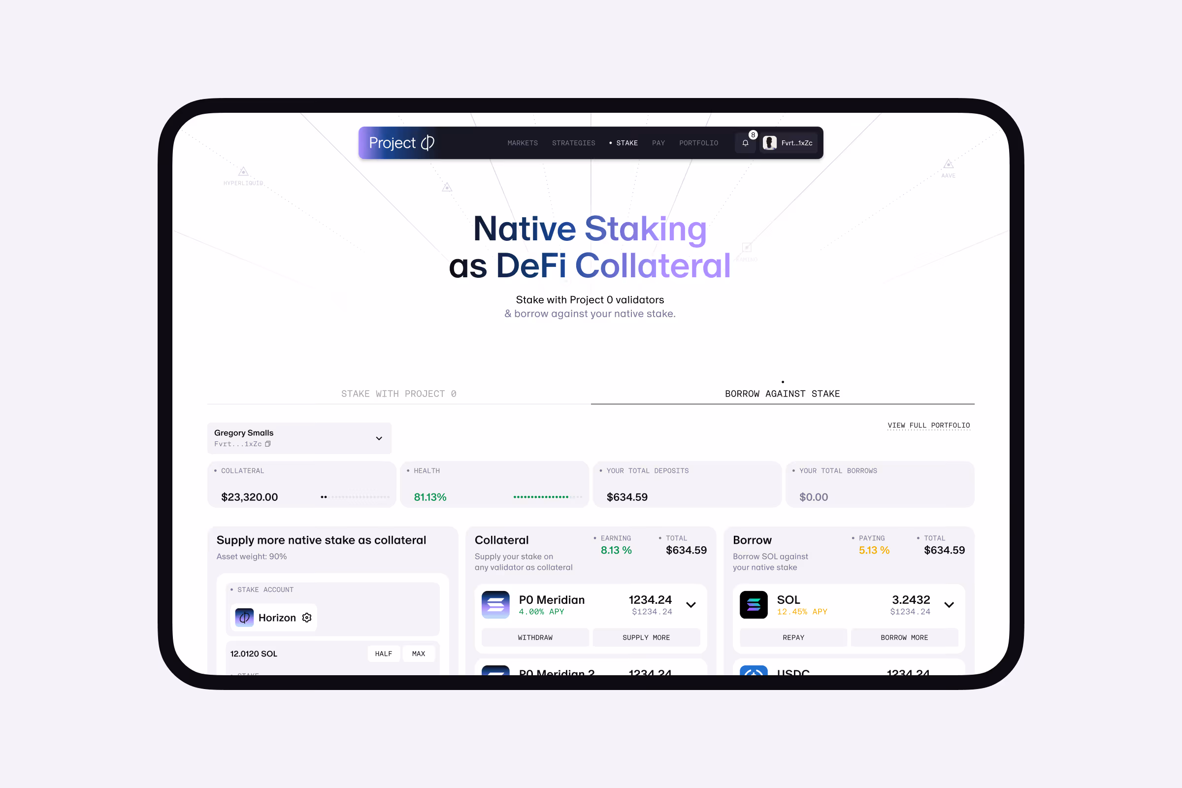 Dashboard of Project 0 app showing staking as DeFi collateral and borrowing options with SOL and PO Meridian.