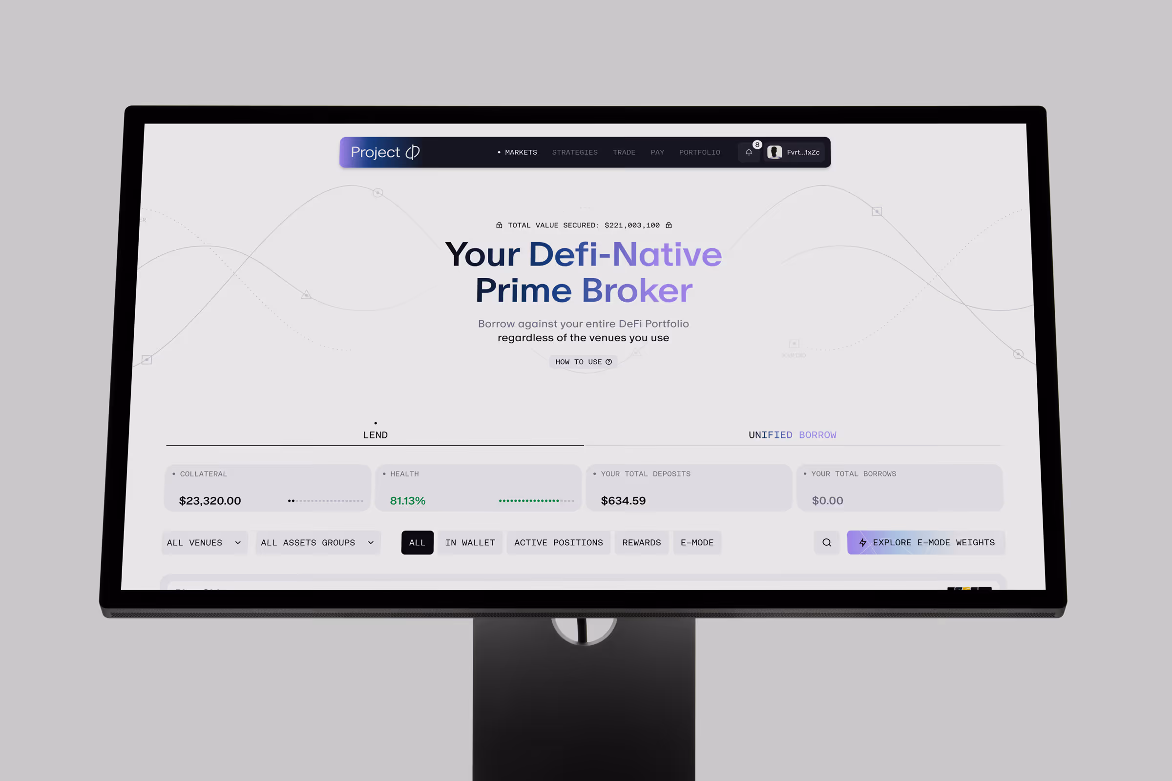 Computer screen showing Project 0 app interface for DeFi portfolio borrowing and lending.