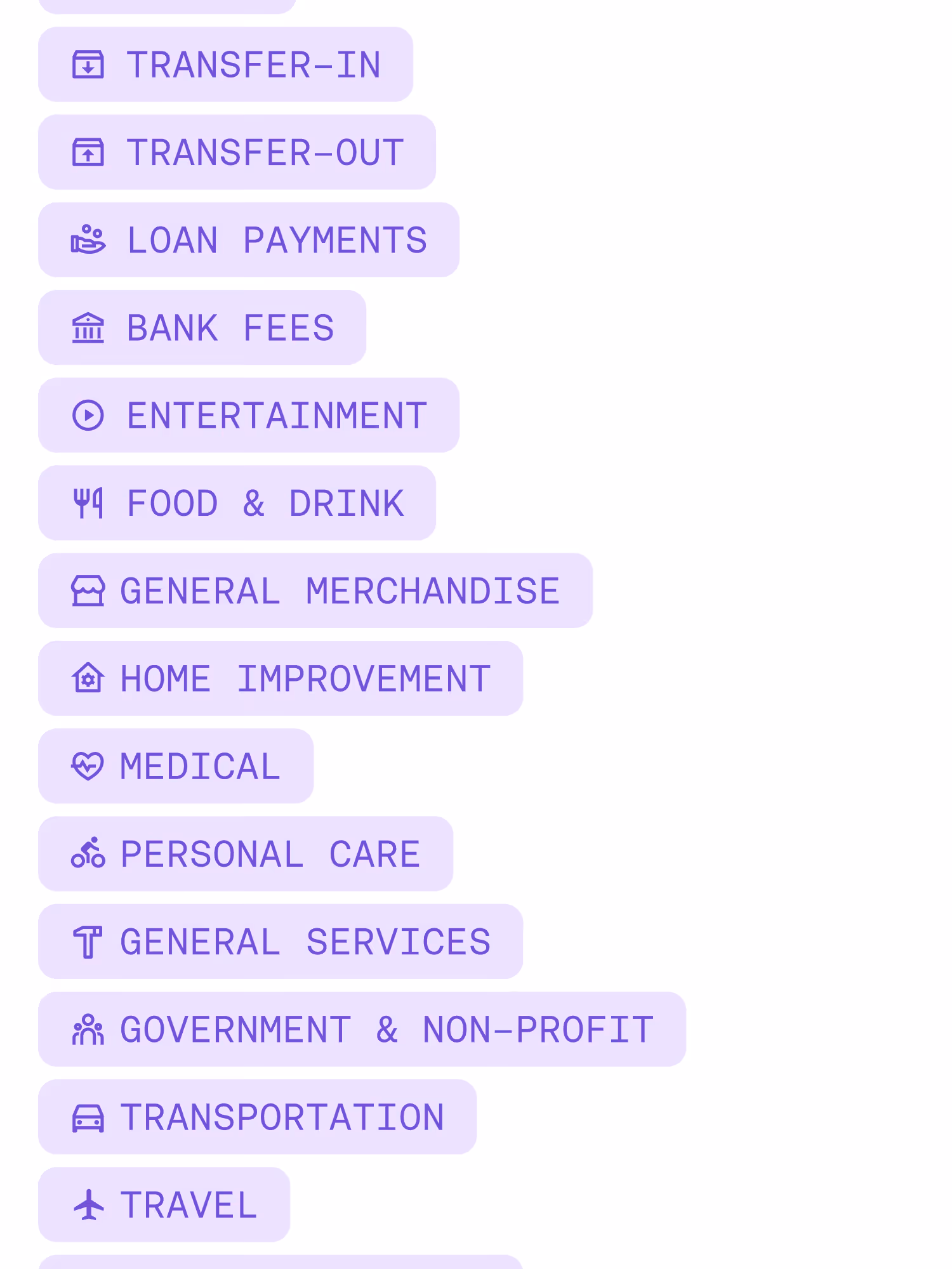 List of finance categories such as Transfer-In, Loan Payments, Bank Fees, Food & Drink, Medical, Travel, and more.