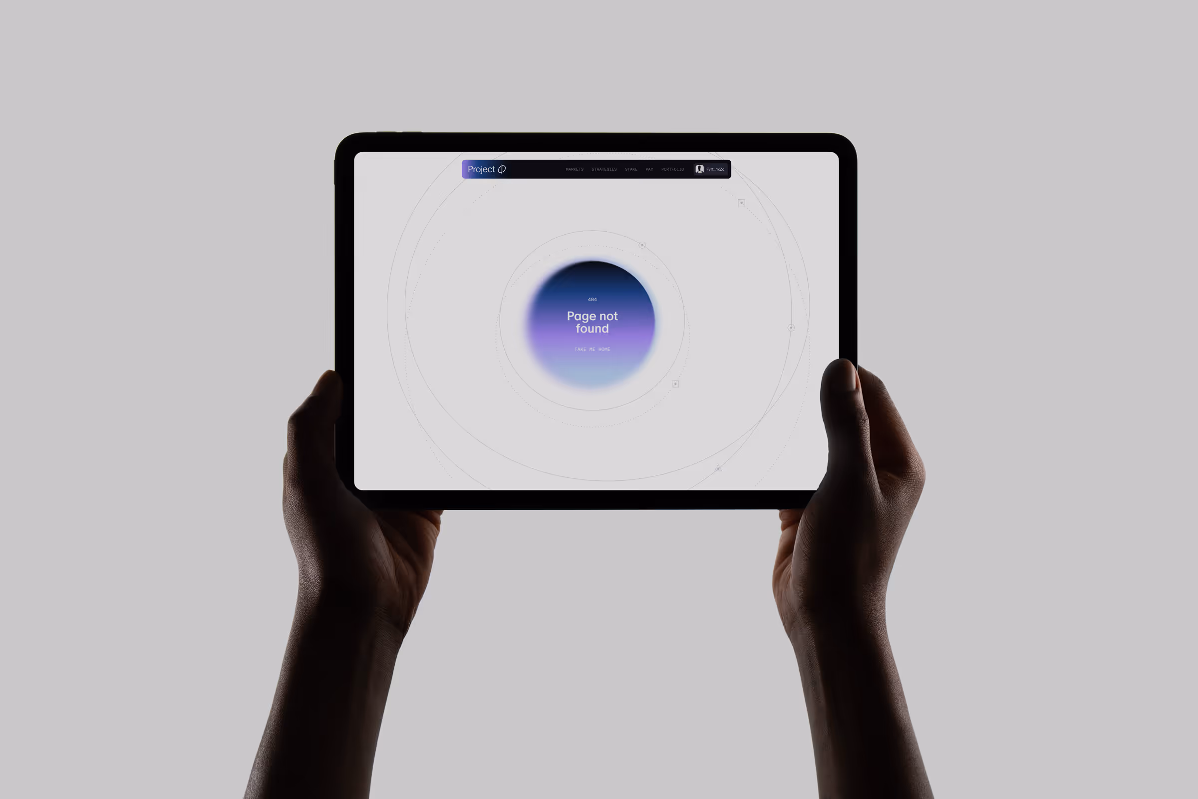 Hands holding a tablet displaying a 404 page not found error with a purple gradient circle.