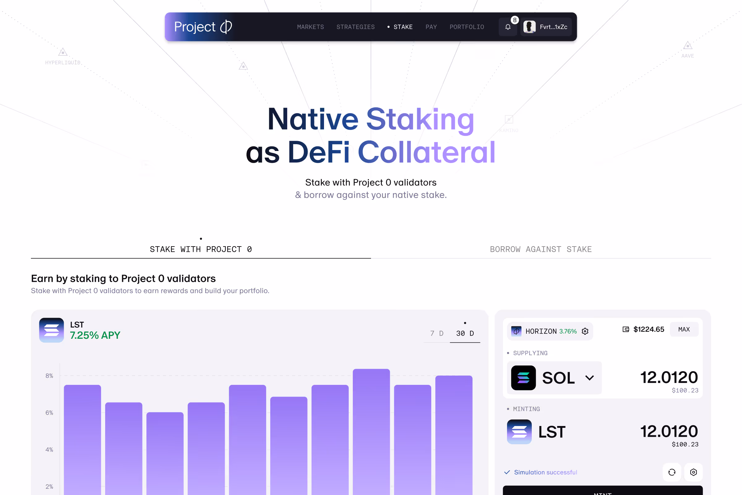 Project 0 platform interface showing native staking as DeFi collateral with an LST 7.25% APY graph.