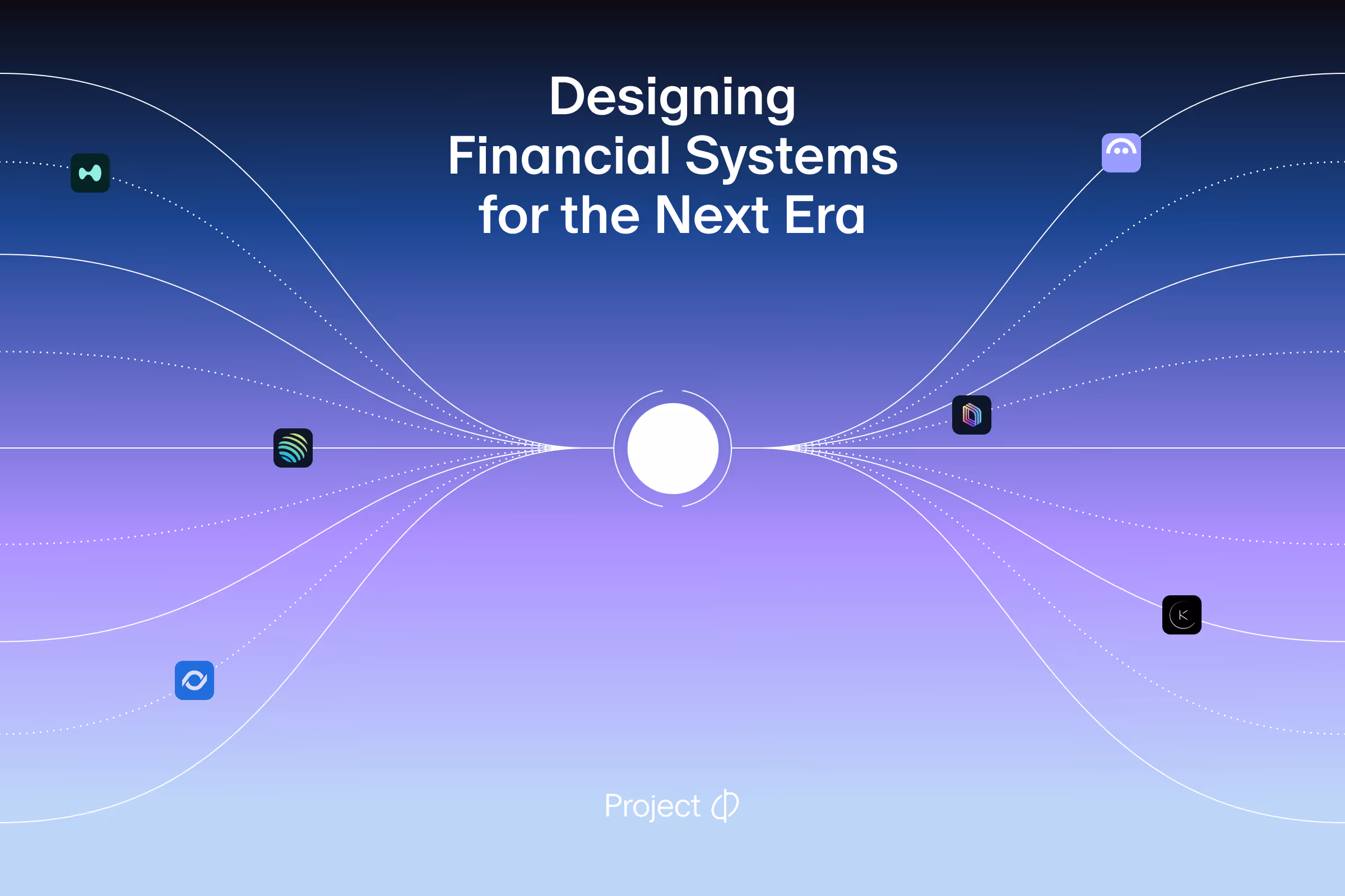Abstract purple to blue gradient background with white lines, app icons, and text about designing financial systems.