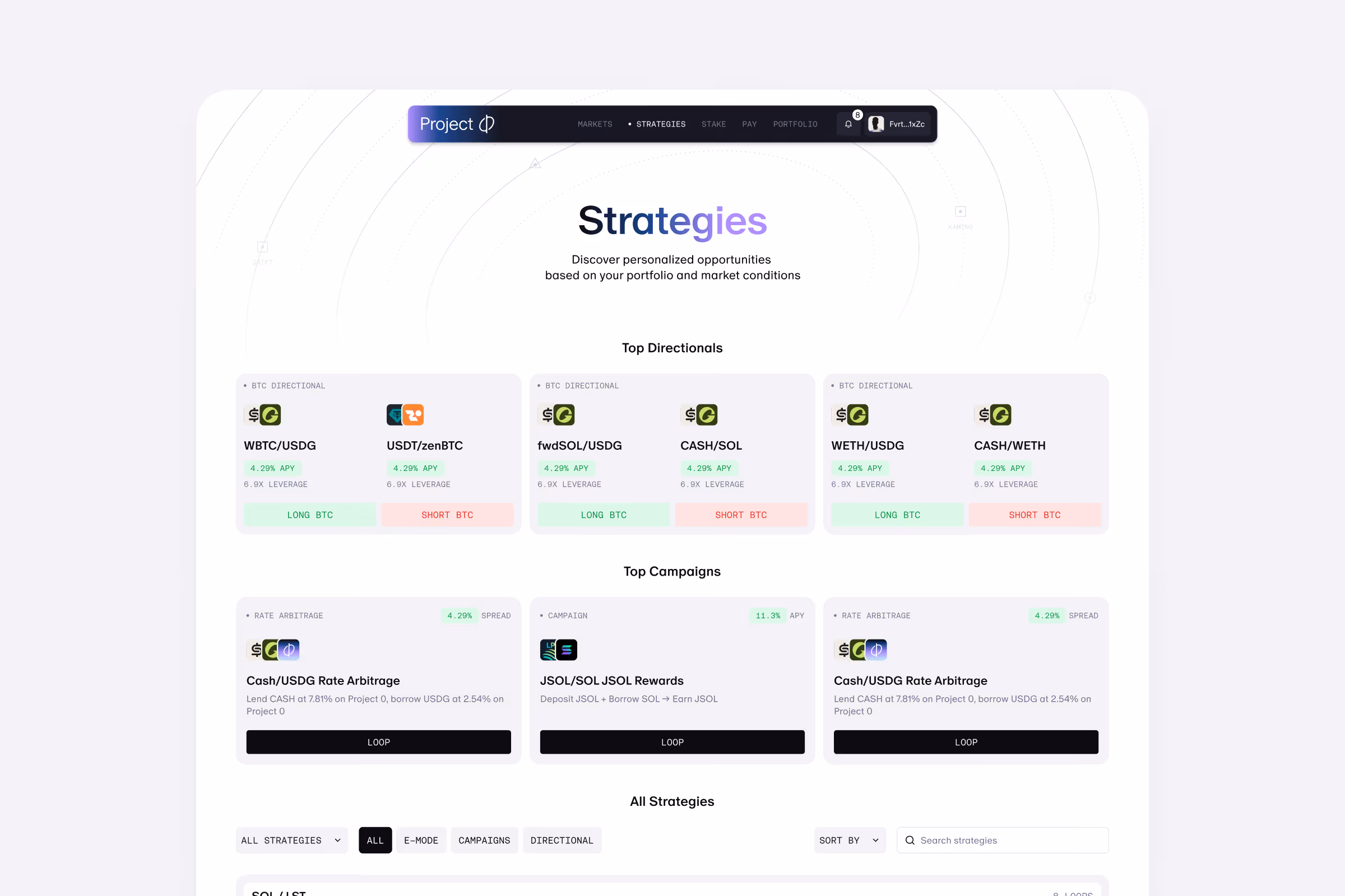 Project 0 Strategies page showing top directional and campaign investment options with APY and leverage details.