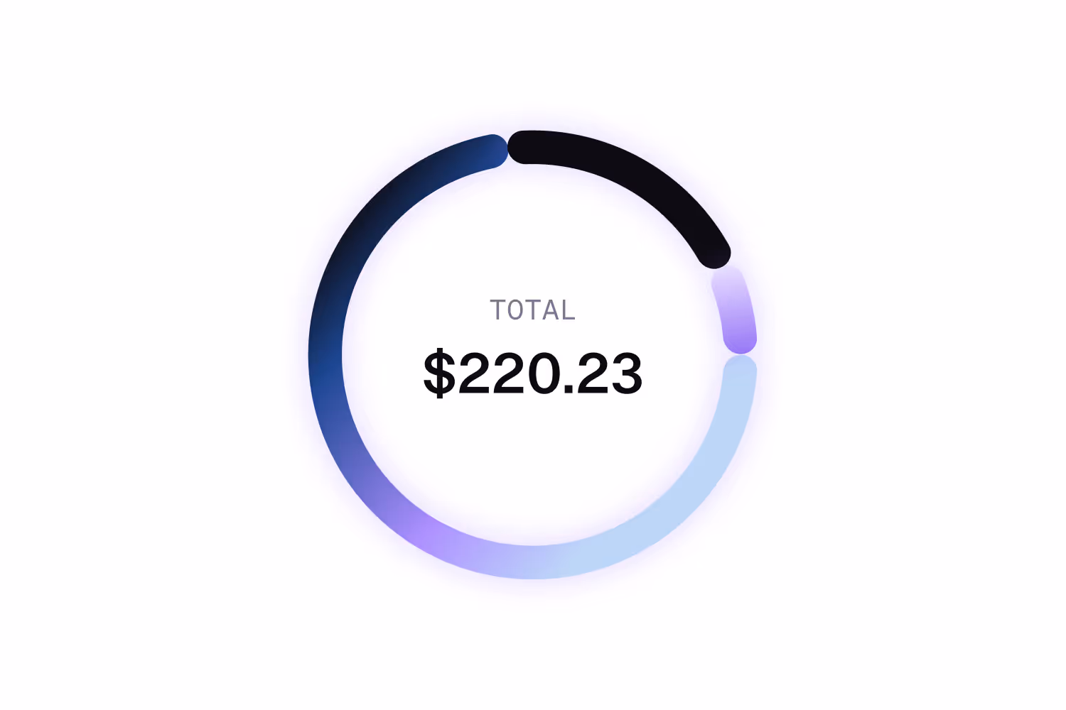 Circular progress bar showing total amount $220.23 with gradient segments in blue and black shades.