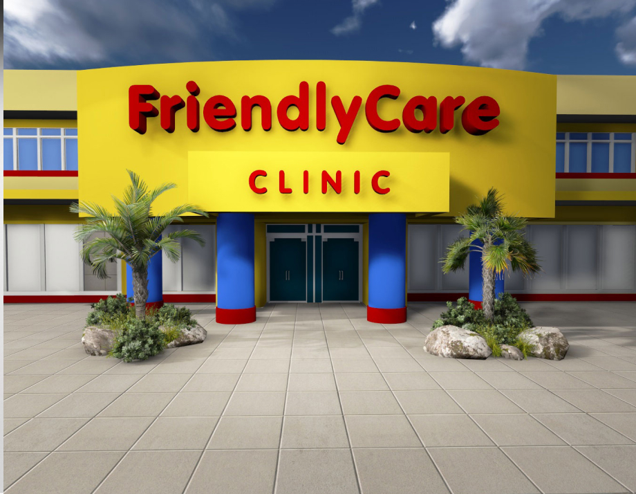 Photo of the FriendlyCare Clinic storefront facade with red and yellow signage.