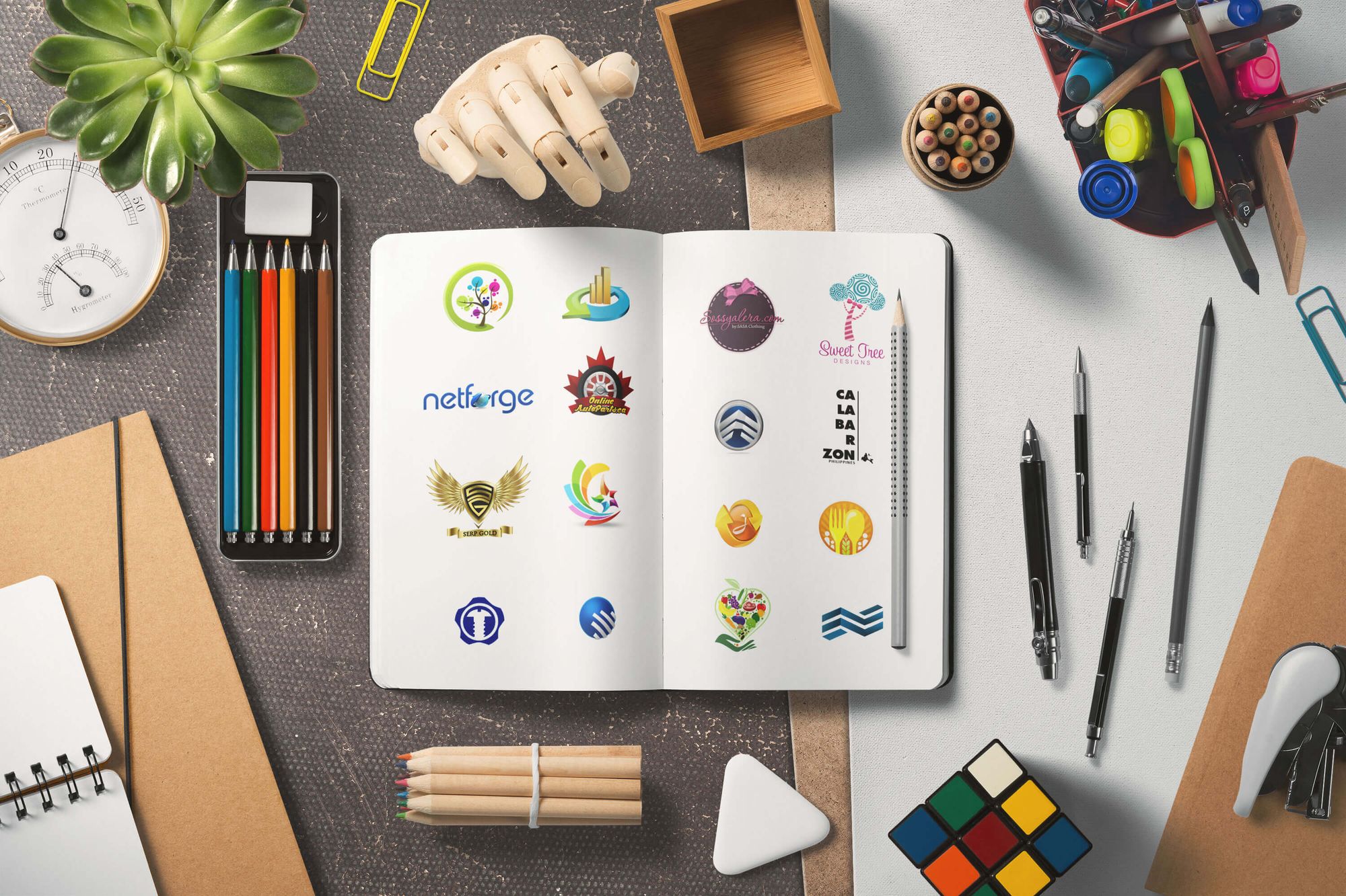 Open sketchbook on a designer's desk displaying sixteen logo design samples from Art of Lemon's 2011–2014 portfolio, surrounded by pencils and stationery.
