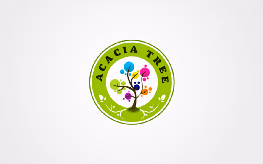 White background circular badge logo with a green tree or leaf emblem and border text.