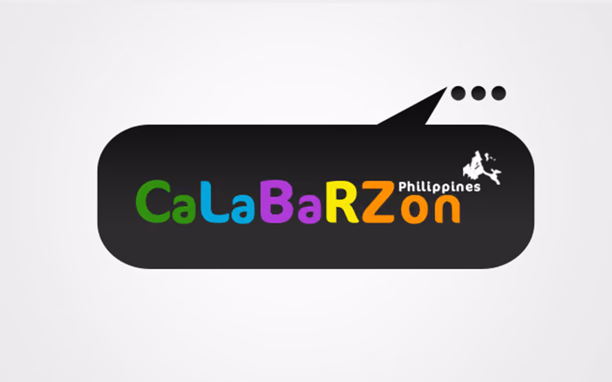 Black background logo with colorful abstract lettering reading 'CALABARZON'.