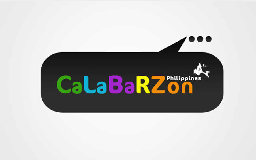 Black background logo with colorful abstract lettering reading 'CALABARZON'.