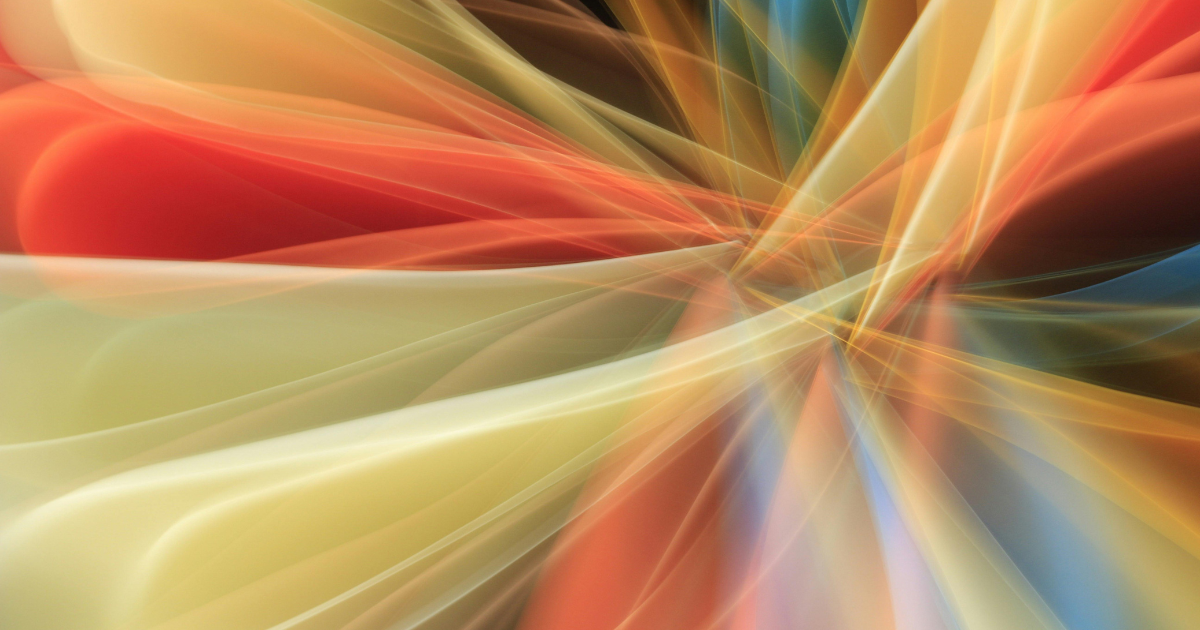 Abstract flowing ribbons of red, orange, yellow, blue and green light crossing over a dark background.