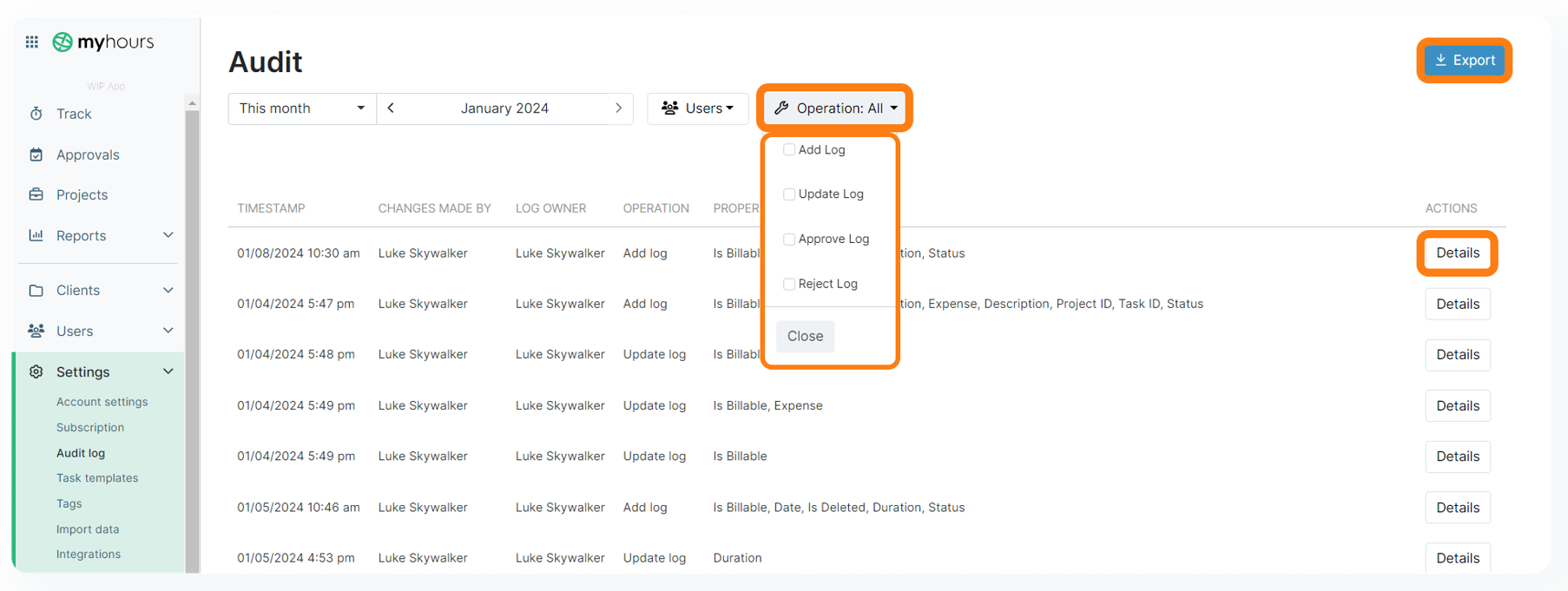 timesheet adjustment in the audit log