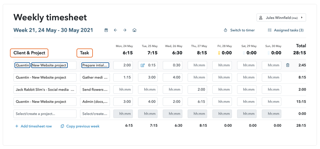 time tracking for multiple clients, projects and tasks
