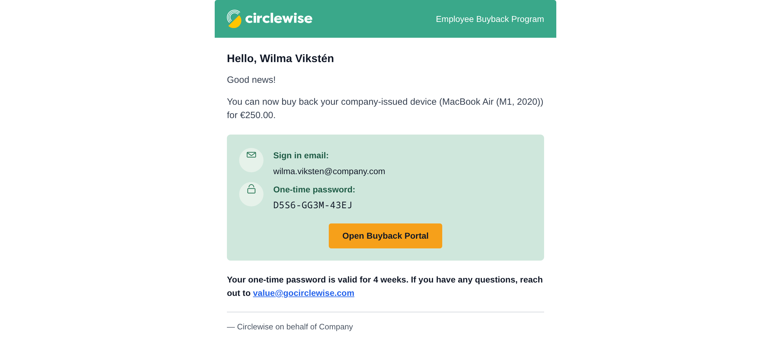Personal Invitation to the Circlewise Buyback Portal