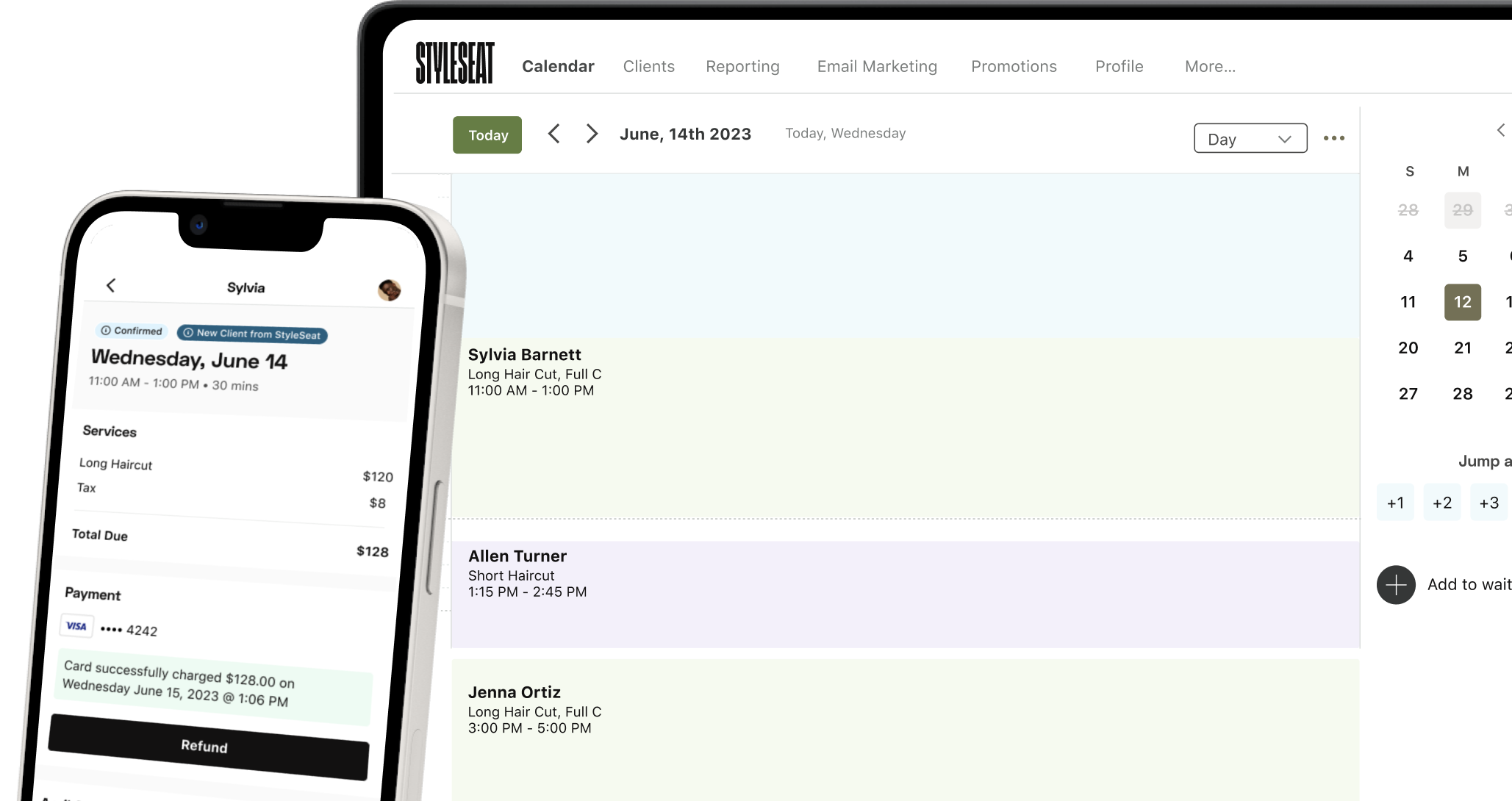 A Picture of a StyleSeat professionals calendar screen and appointment details screen