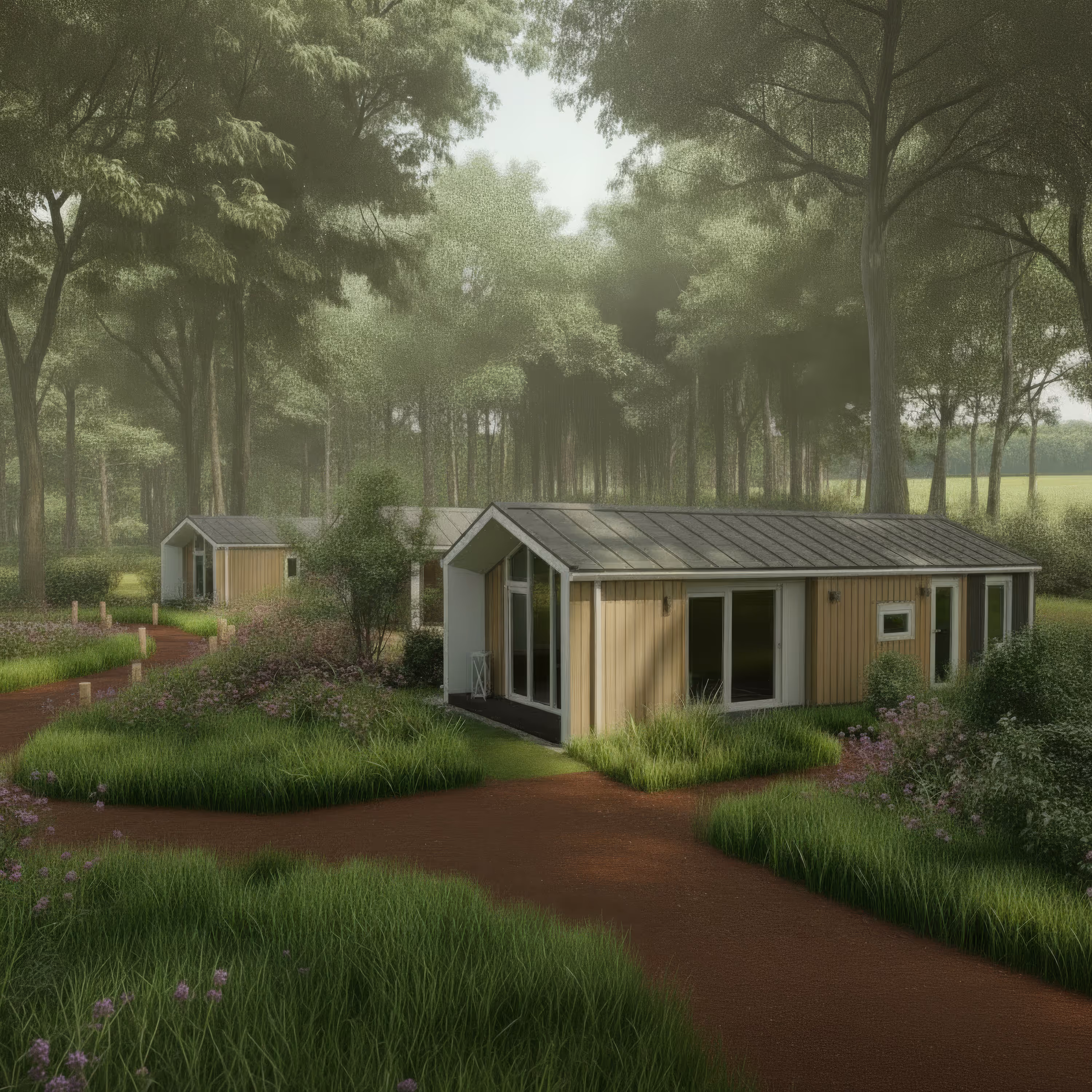 Luxe boslodge met grote ramen omgeven door groen gras, bloemen en bomen in een landelijke omgeving.