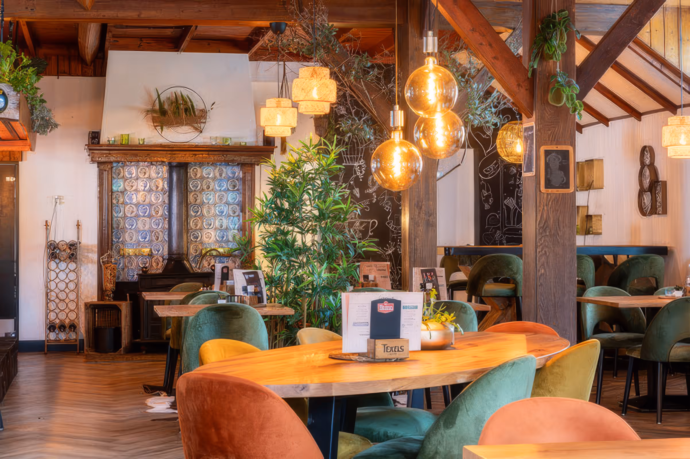Gezellige restaurantinterieur met houten balken, kleurrijke fluwelen stoelen en warme verlichting.