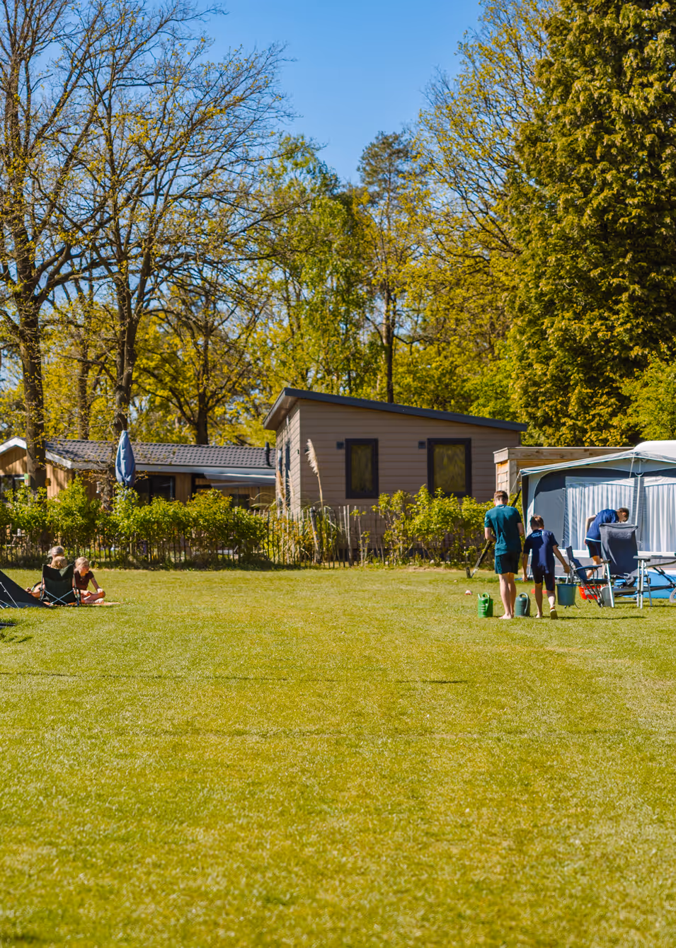 Mensen kamperen bij tenten op een zonnig grasveld omgeven door bomen en houten chalets.