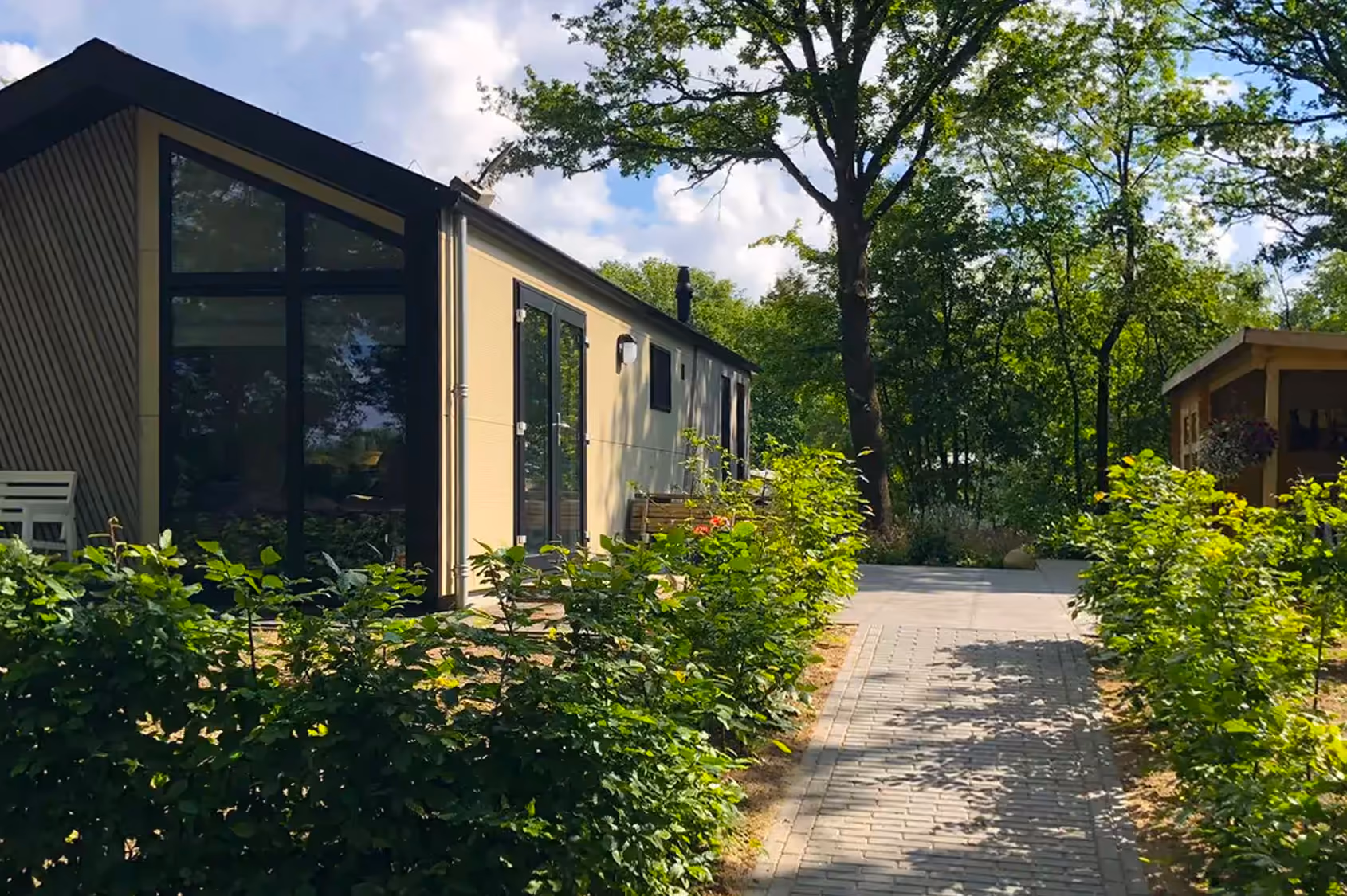 Moderne stacaravan naast een betegeld pad omgeven door groen en bomen op een zonnige dag.