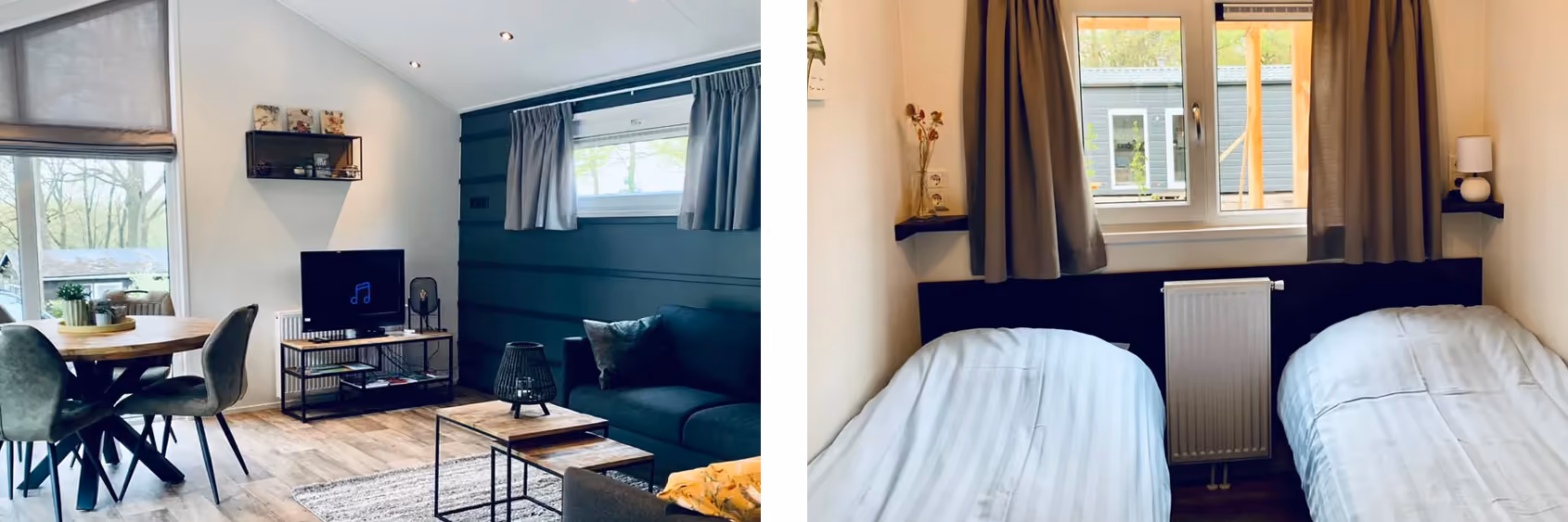 Woonkamer met ronde tafel en stoelen, bank en tv; slaapkamer met twee eenpersoonsbedden en raam.