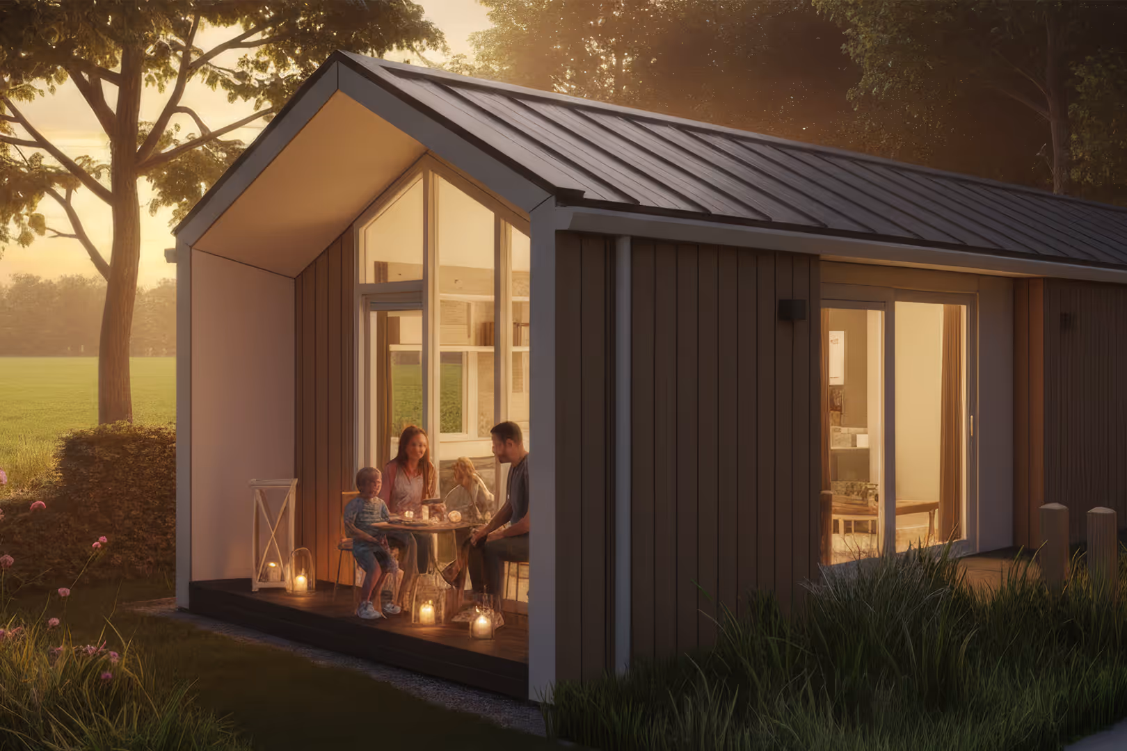 Gezin zit samen aan een tafel op de veranda van een moderne berglodge omgeven door groen en bloemen bij zonsondergang.