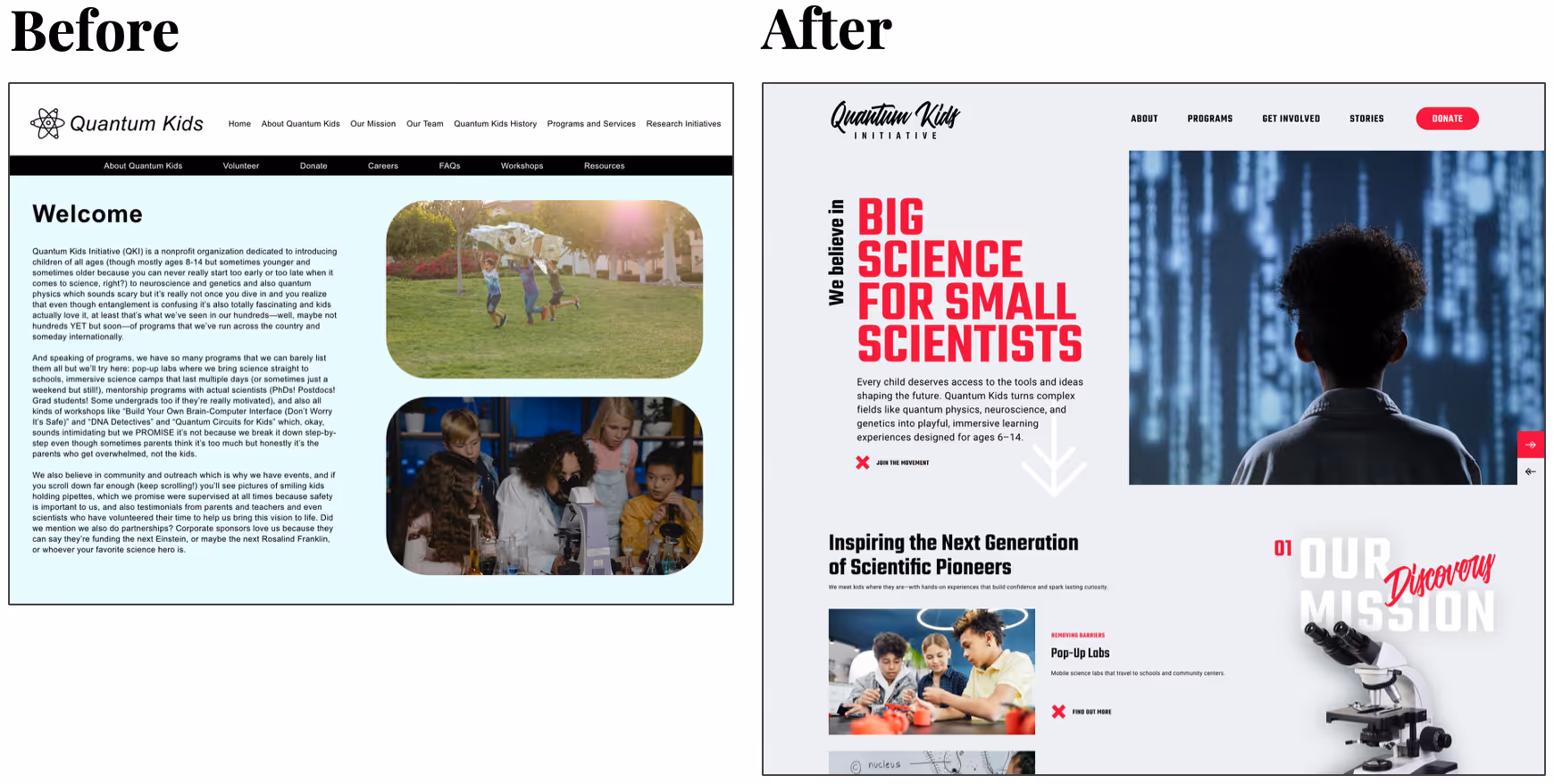 Before and after comparison of desktop website design. On the left is an outdated and cluttered website; on the right a more modern, refined website that follows the guidance above
