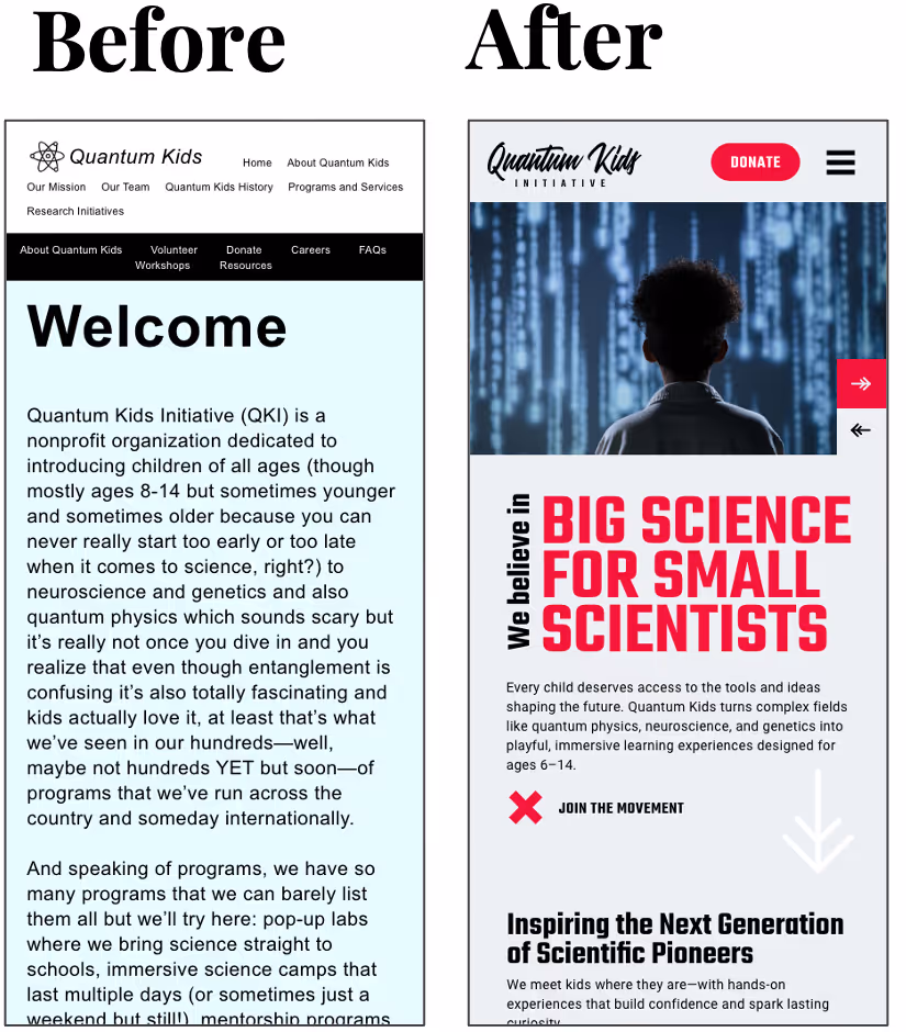 Before and after comparison of mobile website design. On the left is an outdated and cluttered website; on the right a more modern, refined website that follows the guidance above