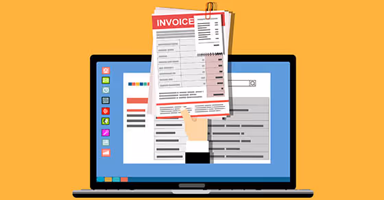 Digital invoice management on laptop with financial documents and spreadsheets