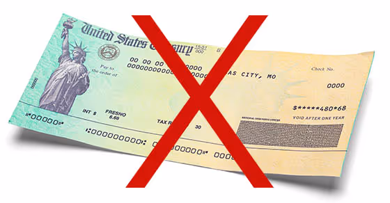 Government stimulus check with Statue of Liberty marked with red X