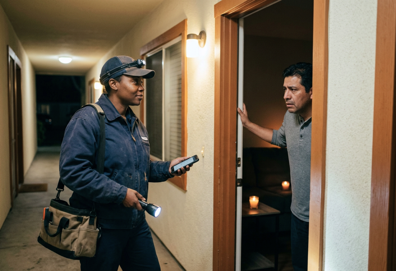 A maintenance technician arrives at a resident's door at night during a power outage, with candles lighting the unit.