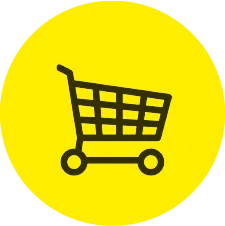 Black shopping cart icon inside a yellow circular background.