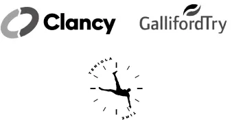 Logos of 'Clancy', 'Galliford Try', and 'Treiola Time' with a clock graphic featuring a person hanging from the hour hand.