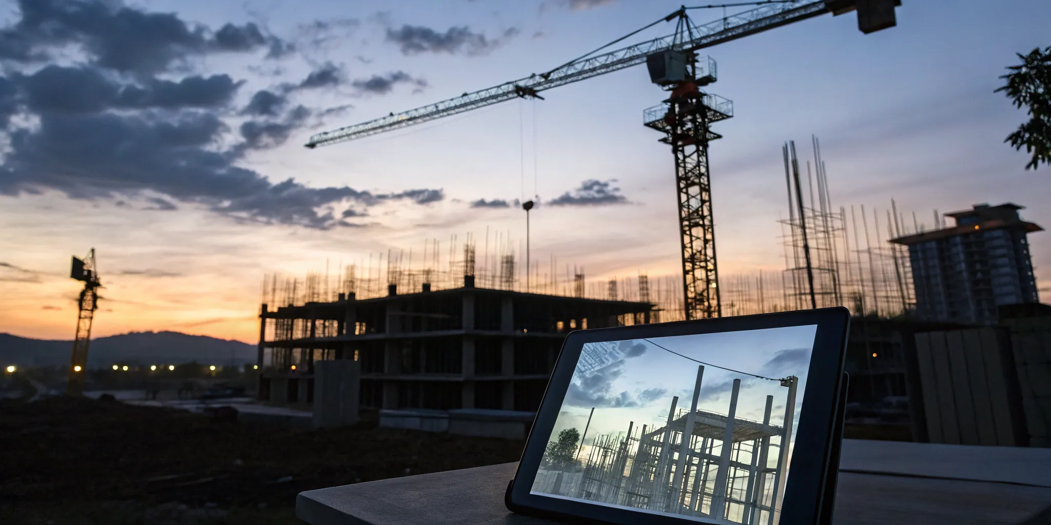 Construction project management using AI tools on a tablet.