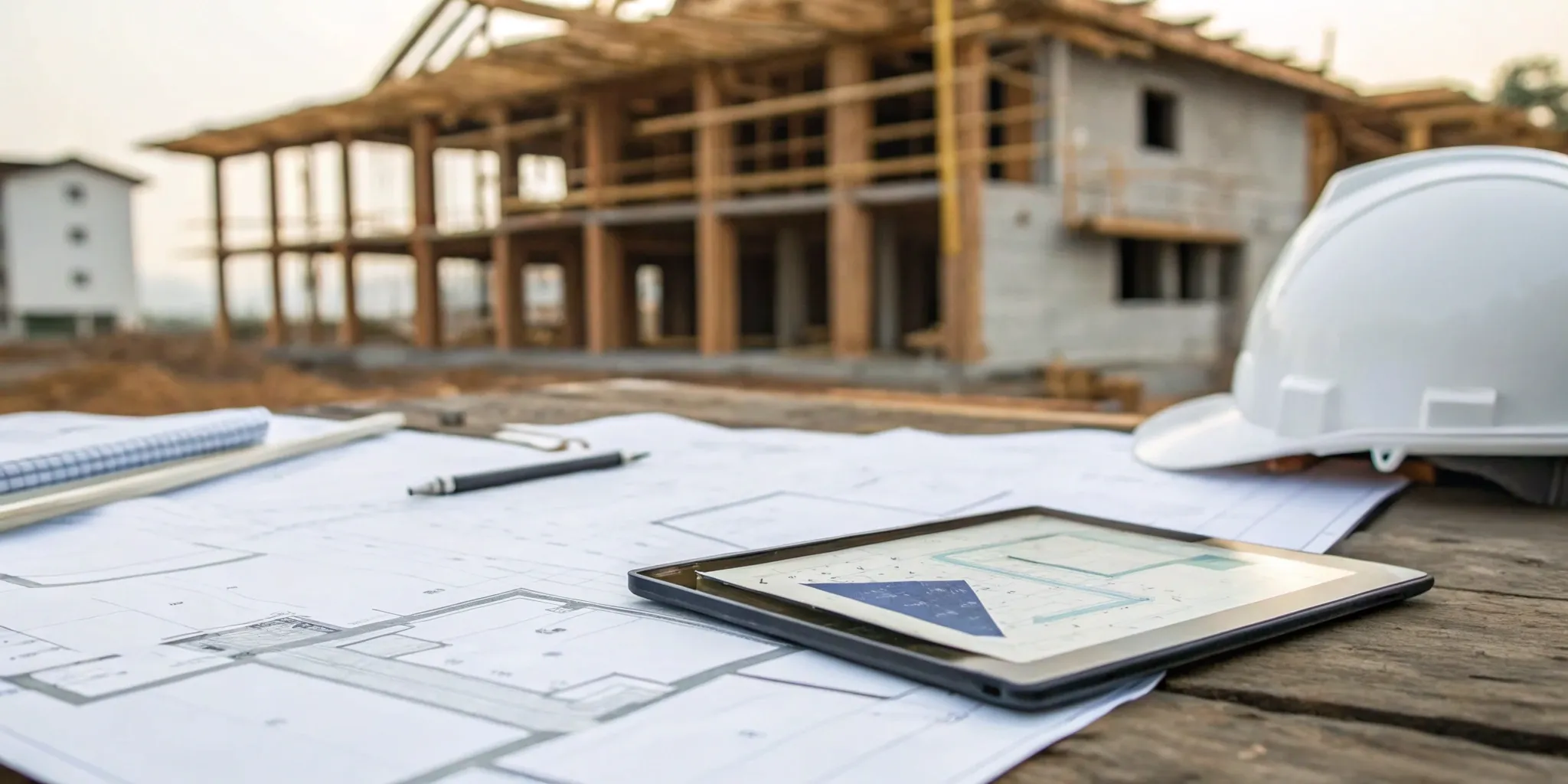Construction project risk analysis tools: blueprints and tablet on site table.