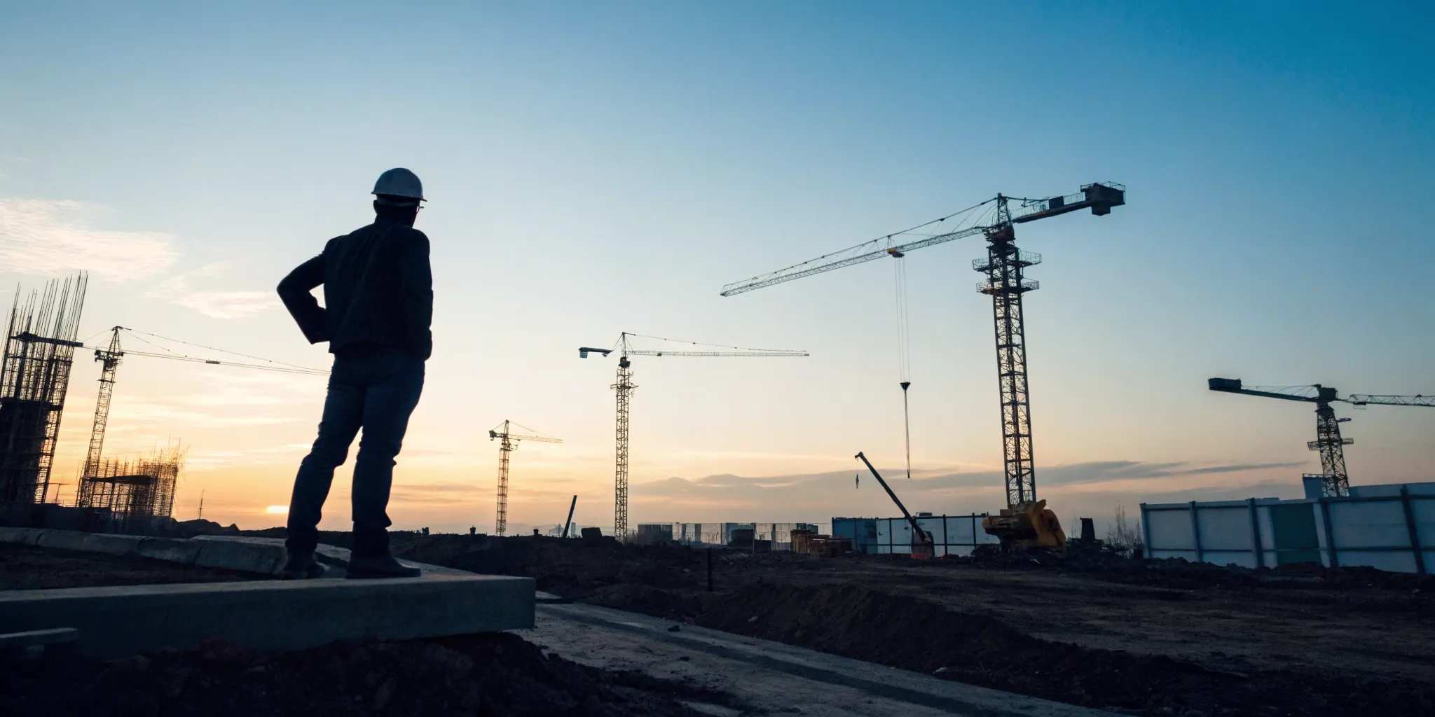 Construction worker silhouette against sunset with cranes. Rezoning alerts offer early project insights.