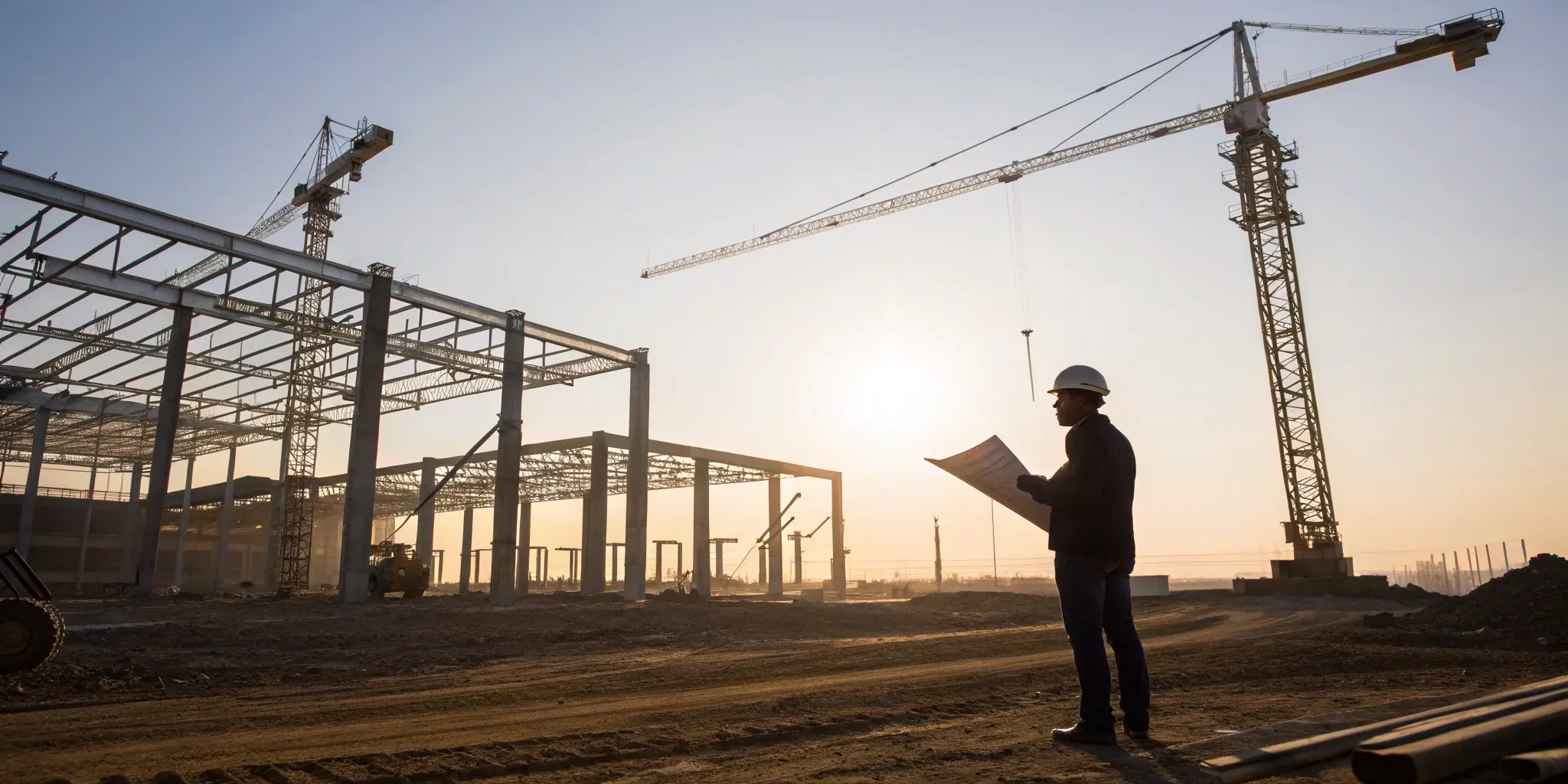 Construction worker reviews blueprints at sunrise on a job site.