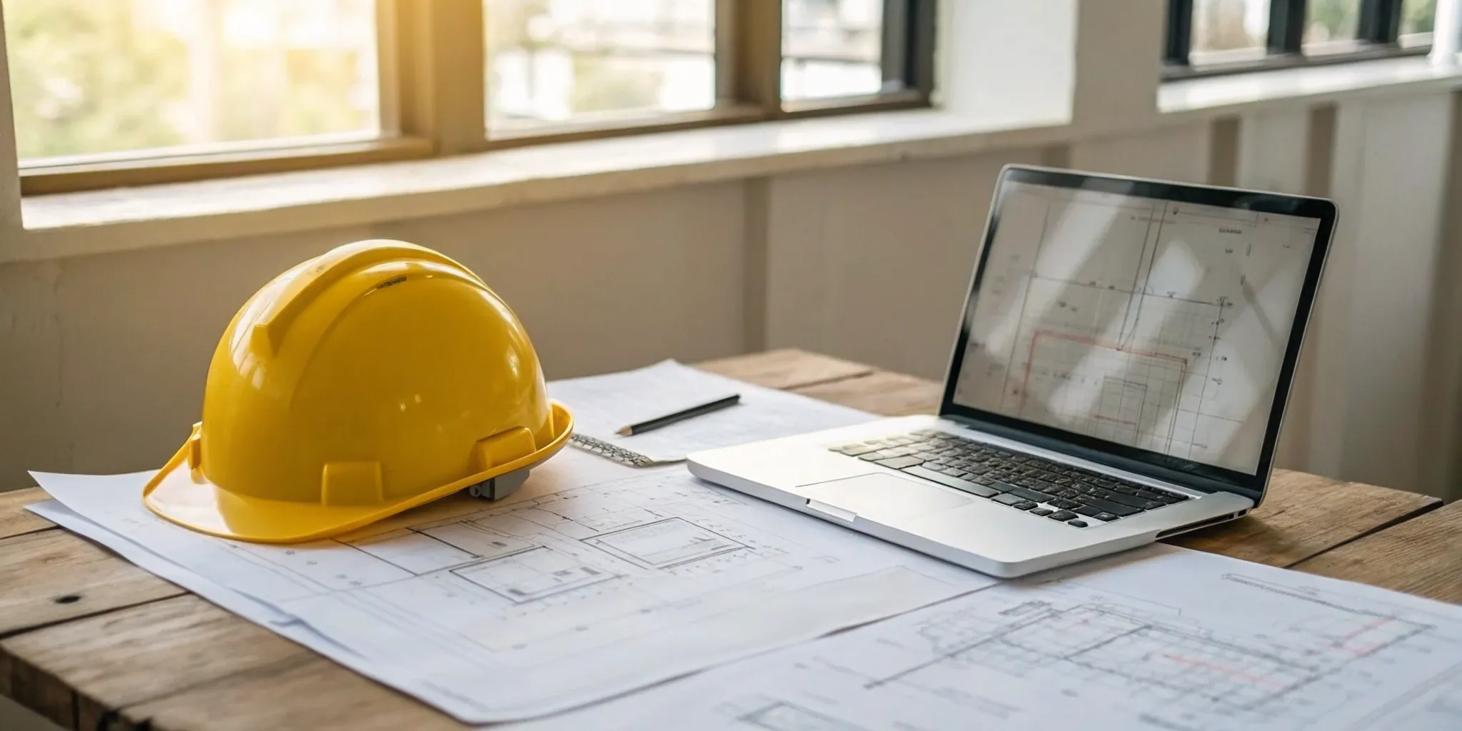 Construction data analytics platform tools: Laptop & hard hat on blueprints.