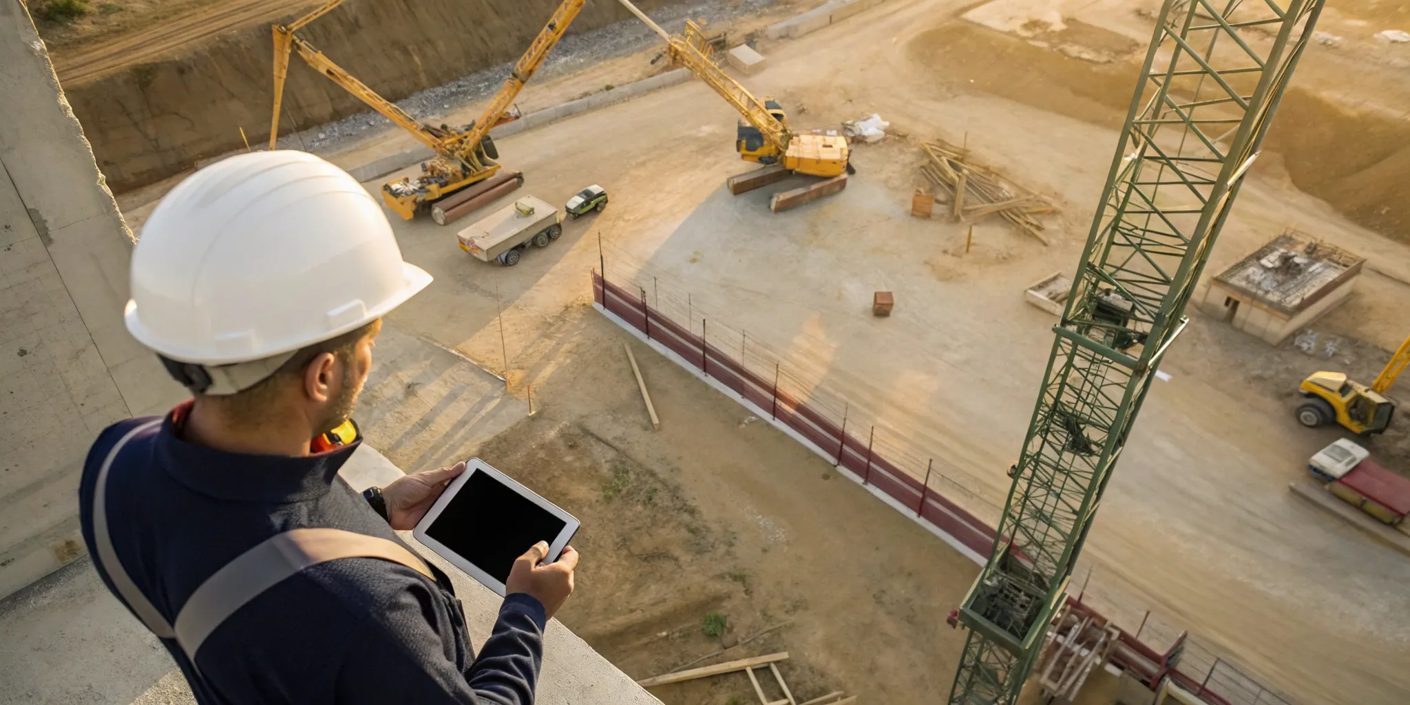Construction project tracking app on tablet at job site.