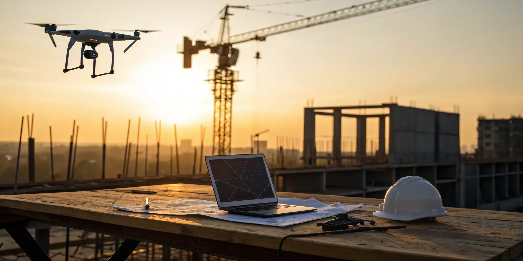 Construction site drone view at sunset with laptop and hard hat.