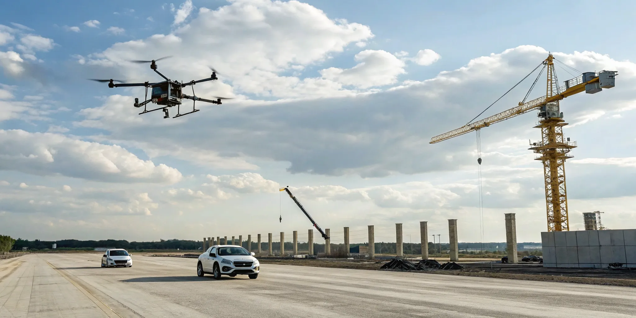 Automated construction leads: Drone view of site with cranes.