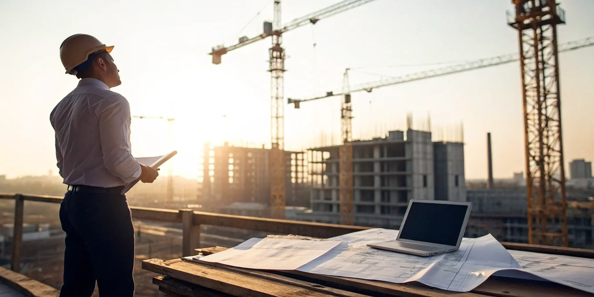 Construction business development planning with blueprints and laptop.