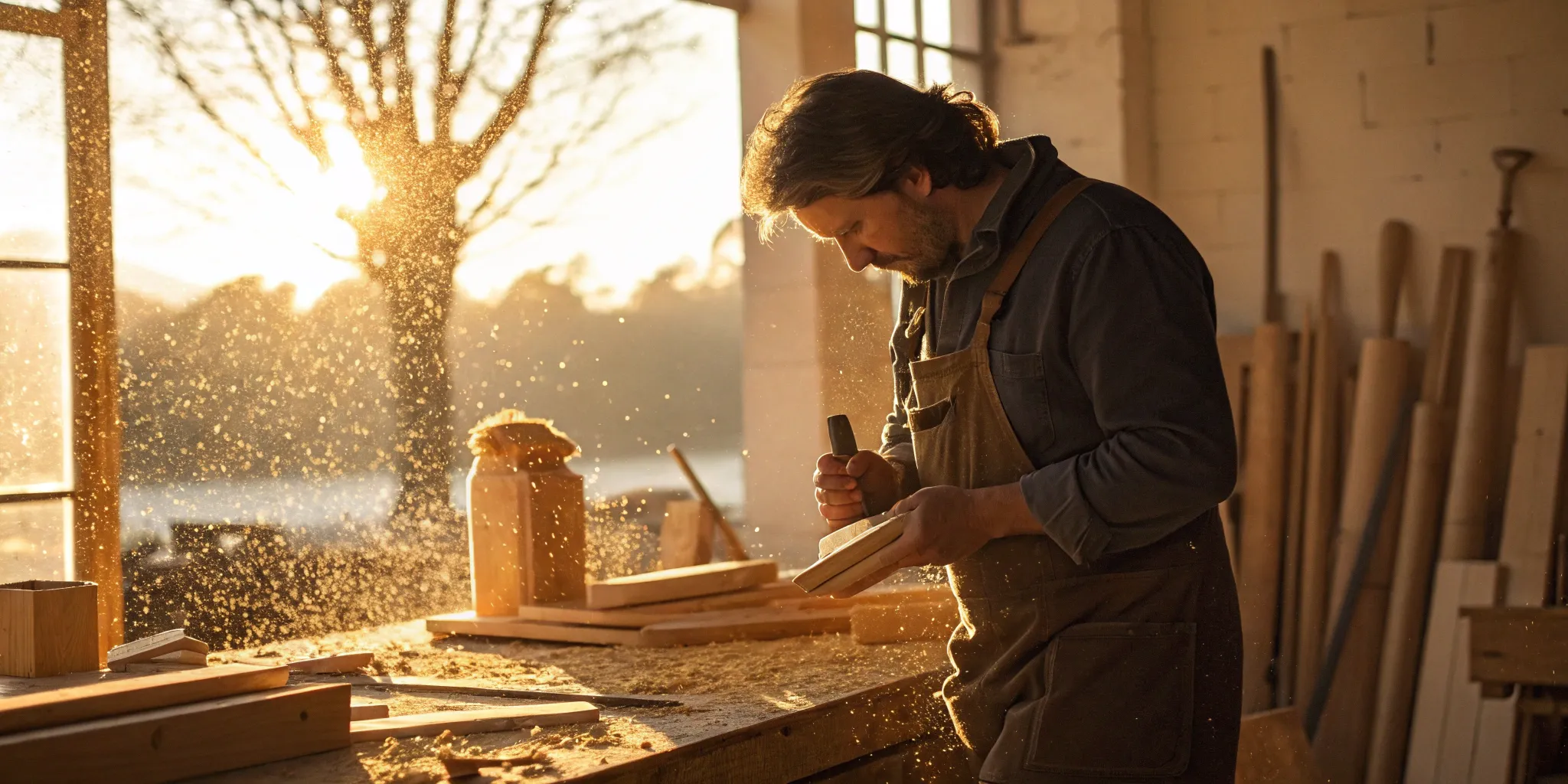 Master woodcraft cabinet in a sunlit workshop.