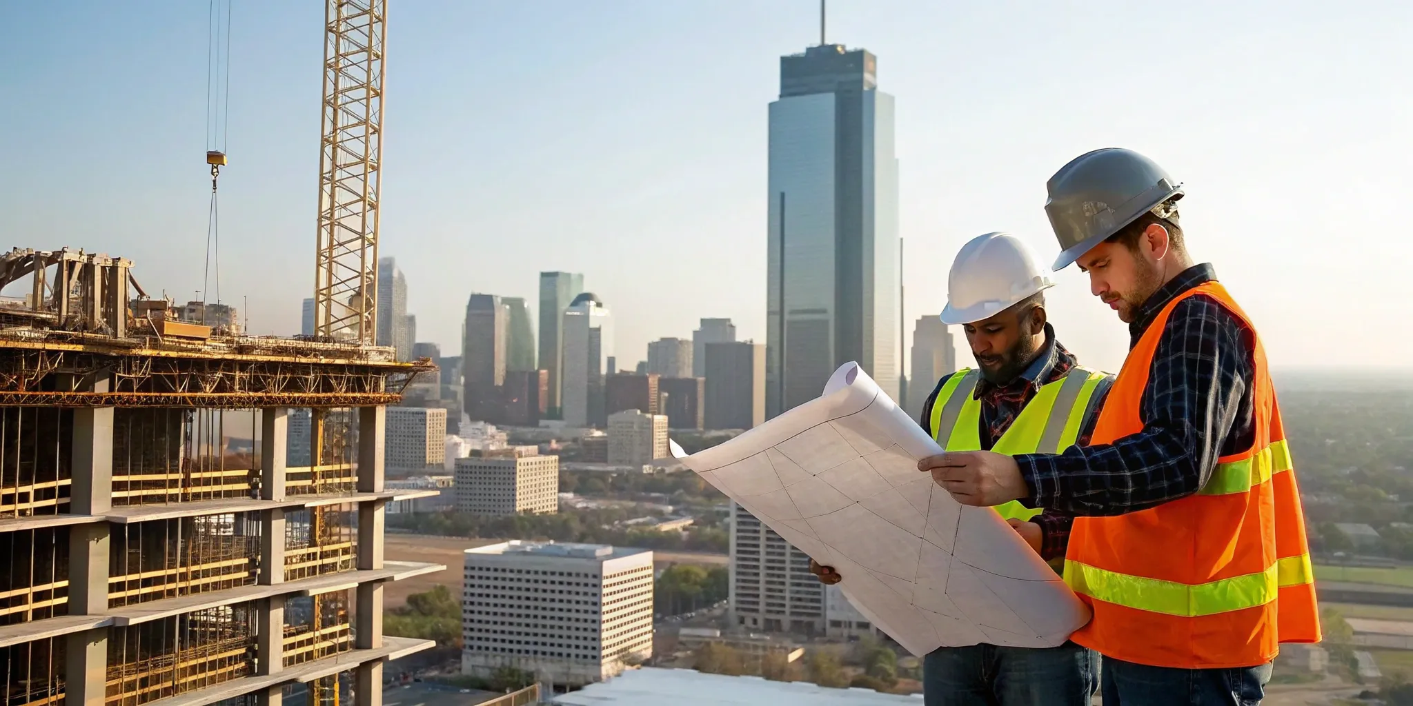 Texas commercial contractors review blueprints at construction site.